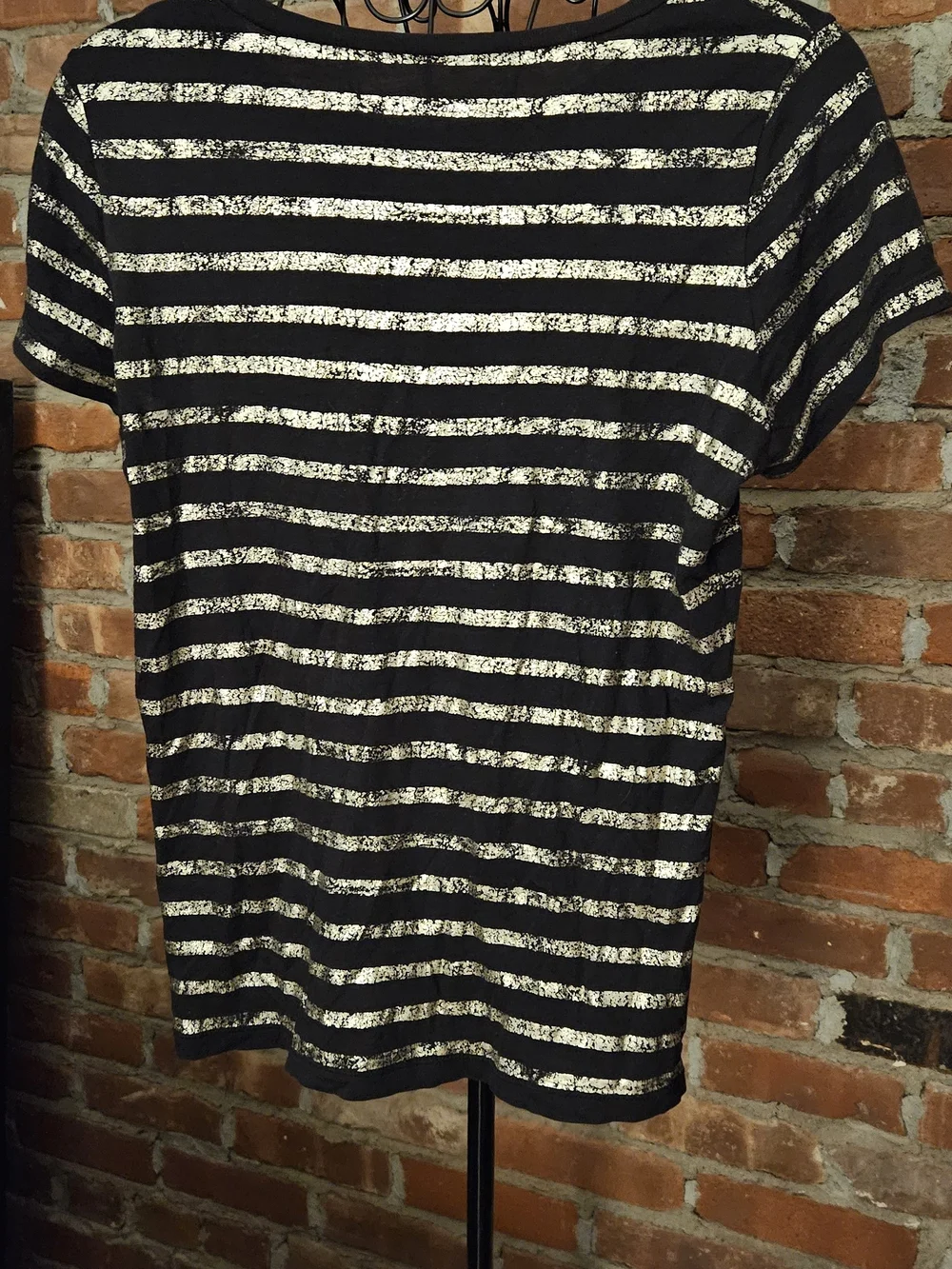 J. Crew Cotton Black Tee with Metallic Gold Stripes
